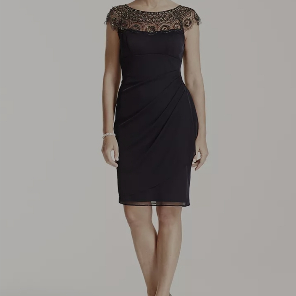 Xscape Navy Illusion Cap Sleeve Matte Jersey Midi Dress